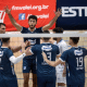 Atletas do Minas comemoram ponto contra o Monte Carmelo no Campeonato Mineiro de vôlei masculino