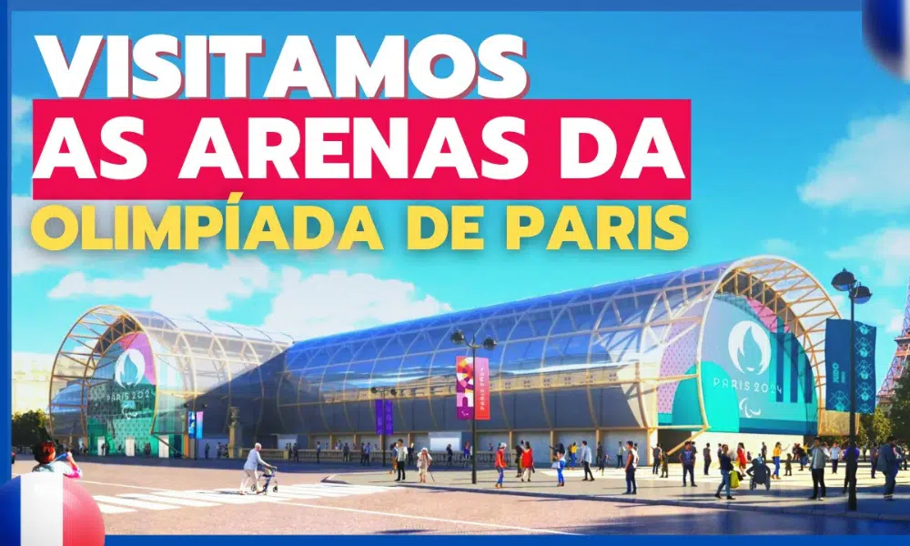 Arte com foto do Grand Palais de Paris e a legenda "Visitamos as arenas da Olimpíada de Paris-2024"