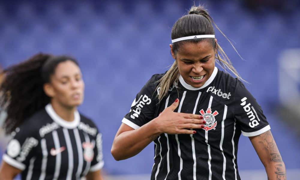 Comemoração de Vic Albuquerque em um dos gols da goleada do Corinthians sobre o Libertad pela Libertadores Feminina (Divulgação/CONMEBOL)
