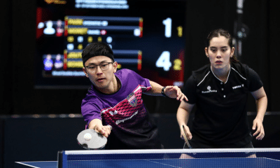 Eric Jouti junto com Franziska Schreiner no WTT Feeder de Estocolmo de tênis de mesa
