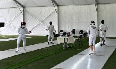 Na imagem, atletas brasileiros do pentatlo moderno treinando na pista.