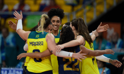 Brasil comemora ponto contra Porto Rico nos Jogos Pan-Americanos Santiago-2023