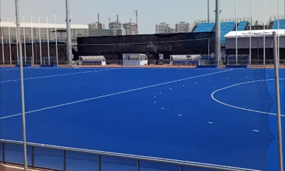 Santiago-2023: um dos campos de hóquei sobre grama, com gramado sintético azul brasileiro de hóquei sobre a grama masculino brasileiro de hóquei sobre a grama feminino tabela