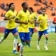 Jogadores do Brasil no Mundial sub-17 de futebol masculino comemoram vitória diante da Nova Caledônia