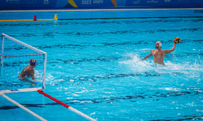 Brasil durante a partida de polo aquático no Pan de Santiago-2023 contra os Estados Unidos