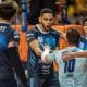 Comemoração dos jogadores do Suzano na vitória sobre o Vôlei Renata pela Superliga Masculina (Pedro Teixeira/Vôlei Renata)