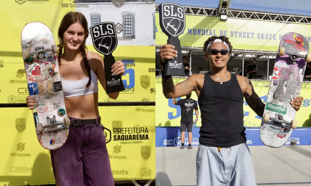 Isabelly Ávila e Gabryel com troféus da SLS Select Series