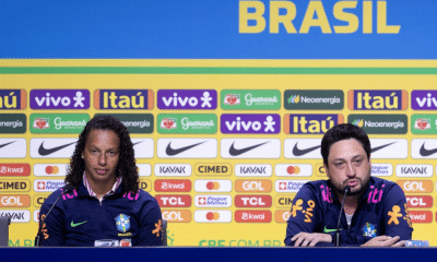 Rosana e Arthur Elias na sala de coletiva da CBF