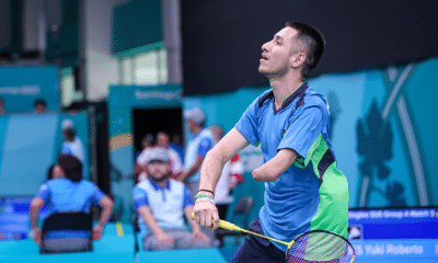 Yuki Roberto durante partida do badminton no Parapan de Santiago-2023