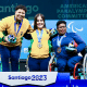 Mariana D'Andrea, Caroline Fernandes e atleta dominicana no pódio dos Jogos Parapan-Americanos Santiago-2023
