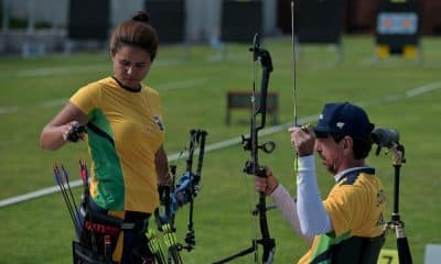 dupla tiro com arco brasil jogos parapan-americanos santiago-2023 Provas de Tiro com Arco. Helena Moraes e Andrey de Castro, dupla do Tiro com Arco. © Washington Alves/CPB