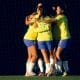 Comemoração das jogadoras brasileiras na vitória do Brasil Sub-20 sobre a Bélgica em um amistoso (Adriano Fontes/CBF)