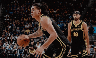 Gui Santos em ação em duelo do Golden State Warriors contra o Portland Trail Blazers na NBA