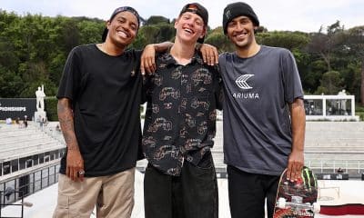 corrida olímpica skate street masculino Felipe Gustavo, Giovanni Vianna e Kelvin Hoefler, em 2021 quando se classificaram para Tóquio-2021. Eles lideram a corrida para Paris-2024 (Foto: Julio Detefon/CBSK)