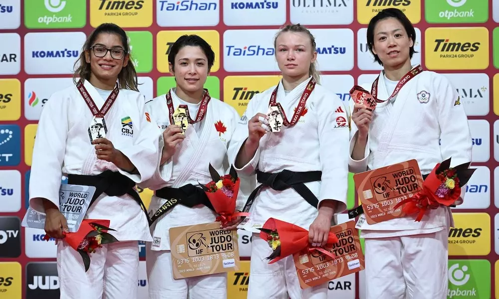 Jéssica Lima, Christa Deguchi, Jessica Klimkait e Lien Chen-Ling, pódio 57kg grand slam de tóquio judô