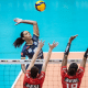 Kisy, do Minas, ataca por cima do bloqueio do Sesi Bauru em jogo da Superliga Feminina de vôlei