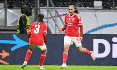 Nycole comemora gol pelo Benfica na Champions League de futebol feminino