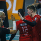 Jogadores do Sesi comemoram ponto contra o MOC América na Superliga Masculina