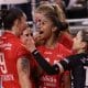 Comemoração das jogadoras do Osasco na vitória sobre o Minas pela Superliga Feminina (Foto: Carolina Oliveira)