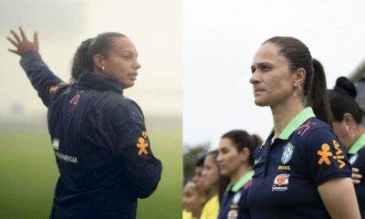Montagem com Rosana Augusto e Simone Jatobá durante treino, que são as treinadoras das equipes sub-20 e sub-17