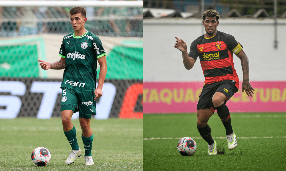 Colagem de fotos de jogadores do Palmeiras e Sport, que se enfrentam na Copinha; saiba onde assistir ao vivo
