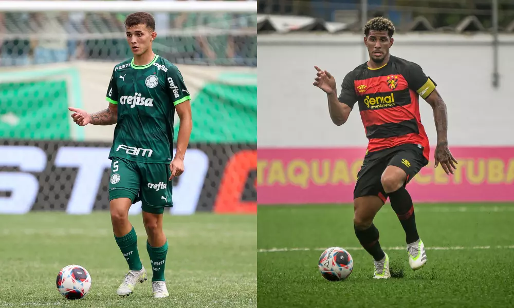 Colagem de fotos de jogadores do Palmeiras e Sport, que se enfrentam na Copinha; saiba onde assistir ao vivo