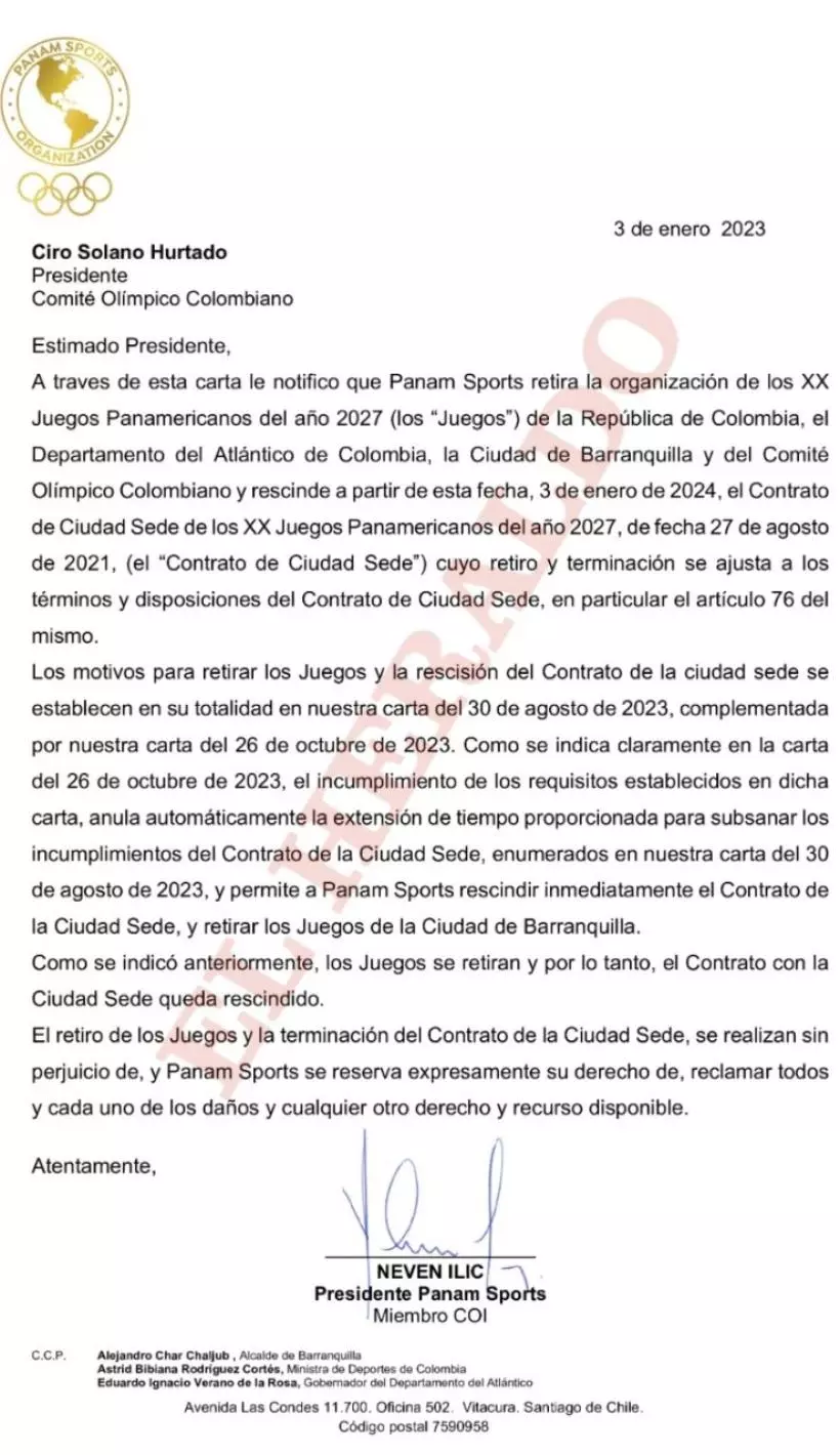 Carta de Nestor Ilic, presidente da Panam, para o Comitê Olímpico Colombiano sobre jogos pan-americanos de Barranquilla-2027 (Reprodução/El Heraldo)