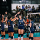 Jogadoras do Barueri vibram com ponto em partida contra o Minas pela Superliga Feminina de vôlei