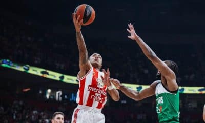 Brasileiro Yago Mateus em ação na partida entre Estrela Vermelha e Zalgiris Kaunas, válida pela EuroLeague (Reprodução/Twitter/@kkcrvenazvezda)