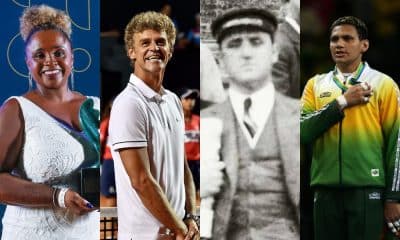 Hall da fama do COB: montagem com fotos de Daiane dos Santos, Guga, Afrânio da Costa e Edinanci Silva