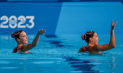 Gabriela Regly e Laura Miccuci em ação no dueto técnico do nado artístico do Mundial de Doha