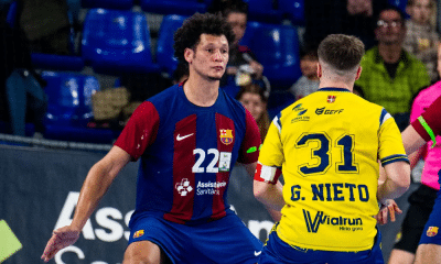 Thiagus Petrus em partida pelo Barcelona na Champions League de Handebol masculino