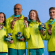 Revezamento 4x100m medley misto do Brasil no pódio dos Jogos Pan-Americanos de Santiago-2023; a equipe tem vaga olímpica para Paris-2024