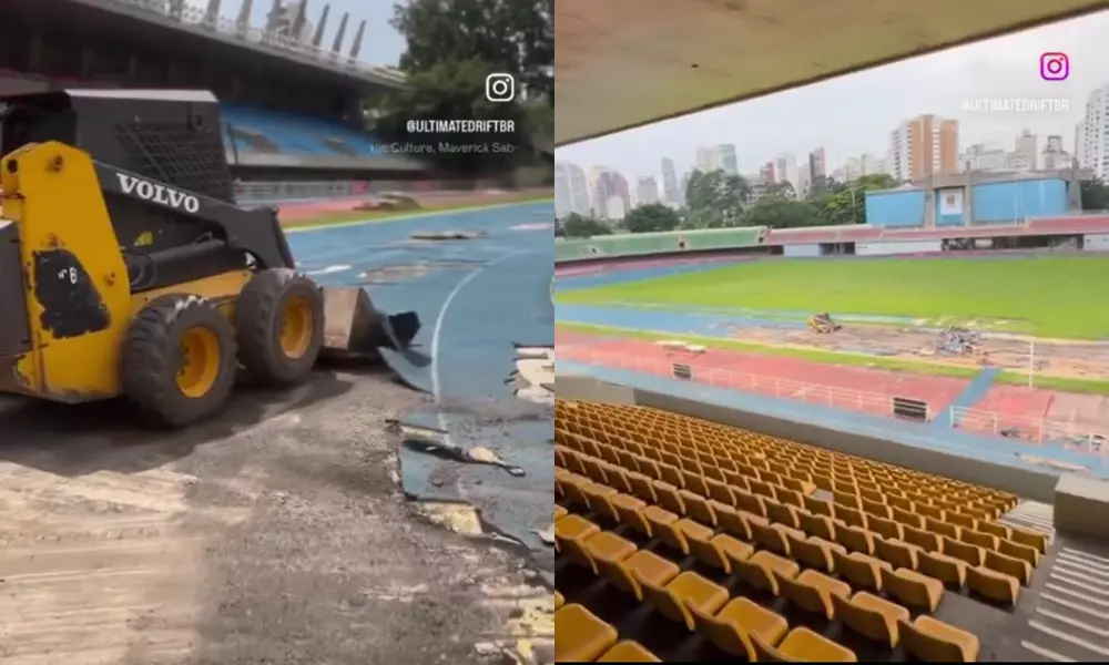 Colagem de fotos da pista de atletismo do Ibirapuera sendo arrancada por máquina