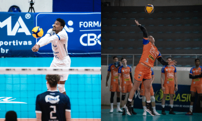 Montagem com fotos de atletas de Minas e São José em jogos da Supeeliga Masculina de vôlei