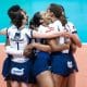 Gerdau Minas comemorando um ponto na vitória sobre o São Caetano pela Superliga Feminina (Hedgard Moraes/Minas Tênis Clube)