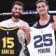 Brasileiros Mãozinha e Gui Santos trocando camisas após partida pela NBA (Foto: Reprodução/X/CBB)