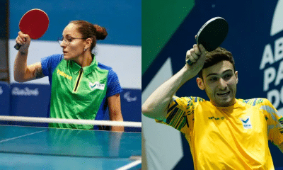 Joyce Oliveira e Lucas Arabian em ação durante partidas de tênis de mesa paralímpico