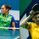 Joyce Oliveira e Lucas Arabian em ação durante partidas de tênis de mesa paralímpico