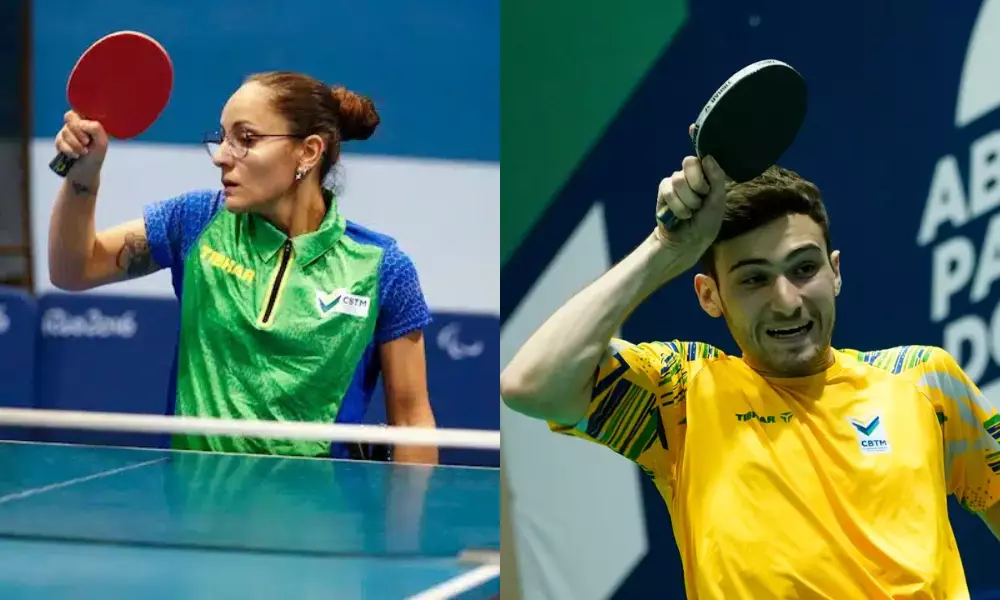 Joyce Oliveira e Lucas Arabian em ação durante partidas de tênis de mesa paralímpico