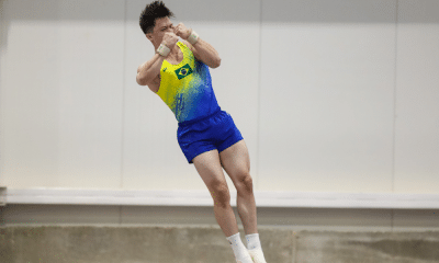 Yuri Guimarães no solo da Copa do Mundo de ginástica artística em Baku
