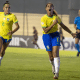 Jogadoras do Brasil comemoram gol nO Sul-Americano Sub-17