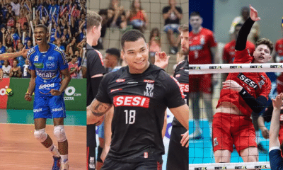 Montagem com Adriano, Darlan e Lukas durante partidas de vôlei pelos seus clubes
