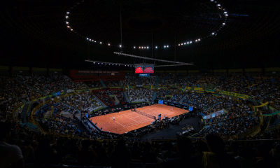 Ginásio do Ibirapuera durante partida do Brasil e Alemanha na Billie Jean King Cup; país enfrentará Argentina nos playoffs deste ano