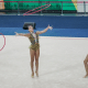 Conjunto brasileiro em ação na disputa dos cinco arcos da Copa do Mundo de ginástica rítmica
