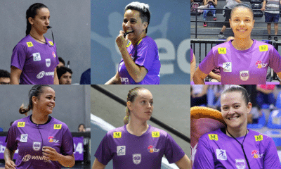 Número de mulheres na arbitragem cresce na LBF; montagem com seis fotos de árbitras de basquete