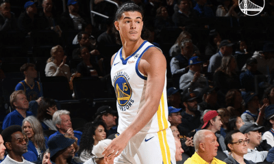 Gui Santos com a camisa do Golden State Warriors contra o Sacramento Kings nos play-ins da NBA - pré-temporada Mãozinha