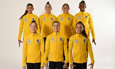 Atletas brasileiras pousam para foto no Troféu de Jesolo de ginástica artística