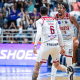 Lucas Dias e Scala vibrando em partida do Sesi Franca pela semifinal do NBB