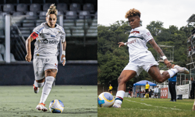 Montagem com fotos de jogadoras de Santos e Fluminense. Times se enfrentam no Brasileirão Feminino